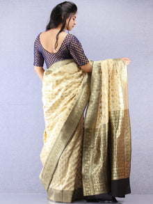 Banarasee Semi Silk Saree With Zari Border - Off White Black & Gold - S031704353