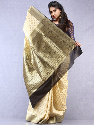 Banarasee Semi Silk Saree With Zari Border - Off White Black & Gold - S031704353