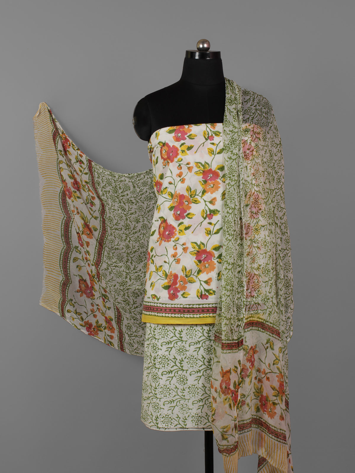 Ivory Orange Green Yellow Hand Block Printed Cotton Suit-Salwar Fabric With Chiffon Dupatta (Set of 3) - S16281322