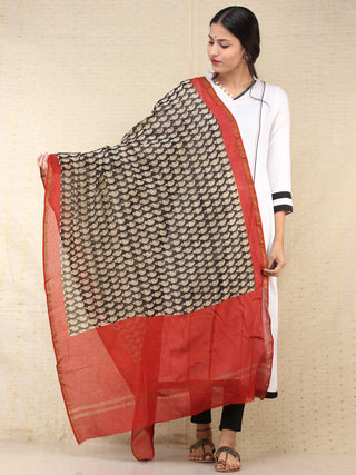 Black Beige Red Chanderi Shibori Hand Block Printed Dupatta - D04170732