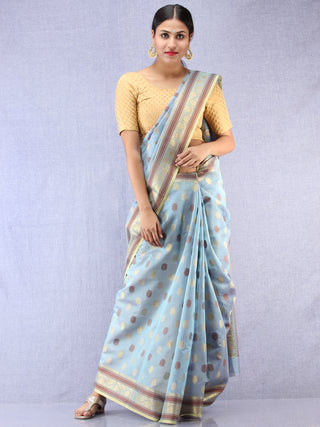 Banarasee Chanderi Silk Saree With Zari & Resham Border - Silver Grey Golden - S031704352