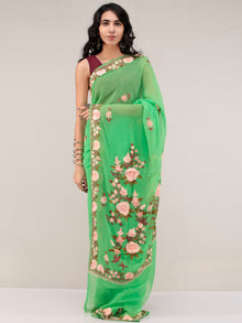 Green Aari Embroidered Georgette Saree From Kashmir - S031704668