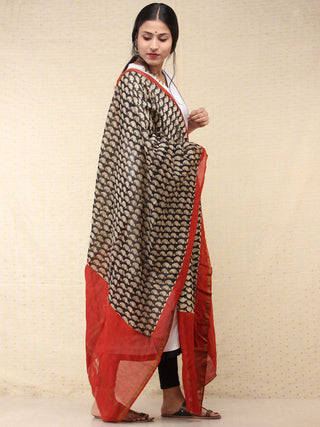 Black Beige Red Chanderi Shibori Hand Block Printed Dupatta - D04170732