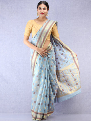 Banarasee Chanderi Silk Saree With Zari & Resham Border - Silver Grey Golden - S031704352