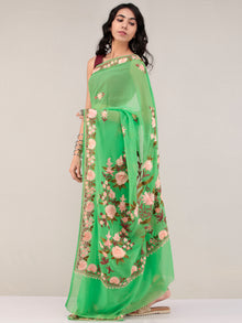 Green Aari Embroidered Georgette Saree From Kashmir - S031704668