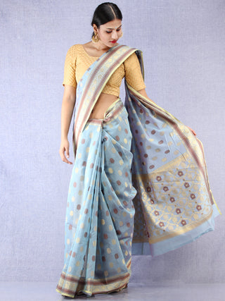 Banarasee Chanderi Silk Saree With Zari & Resham Border - Silver Grey Golden - S031704352