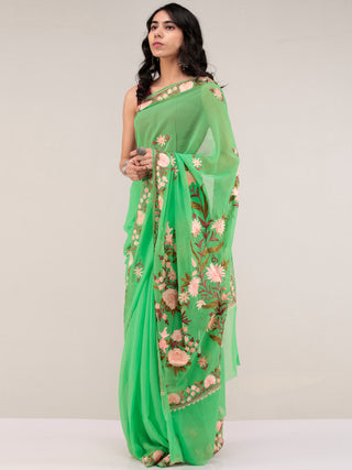 Green Aari Embroidered Georgette Saree From Kashmir - S031704668
