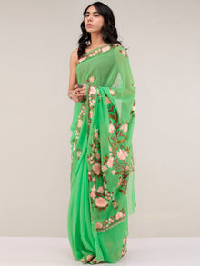 Green Aari Embroidered Georgette Saree From Kashmir - S031704668