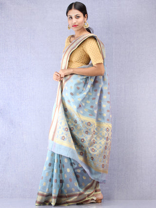Banarasee Chanderi Silk Saree With Zari & Resham Border - Silver Grey Golden - S031704352