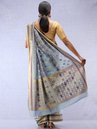 Banarasee Chanderi Silk Saree With Zari & Resham Border - Silver Grey Golden - S031704352