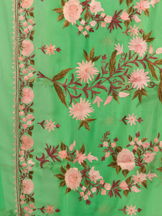 Green Aari Embroidered Georgette Saree From Kashmir - S031704668