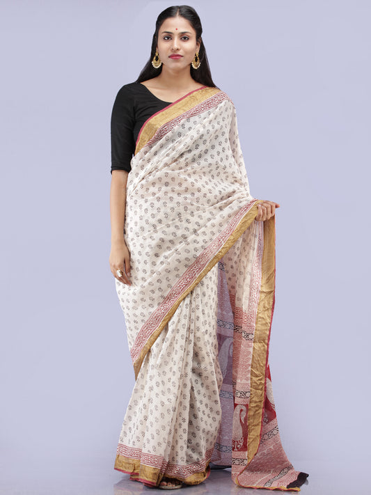 White Red Black Bagh Printed Maheshwari Cotton Saree - S031704278