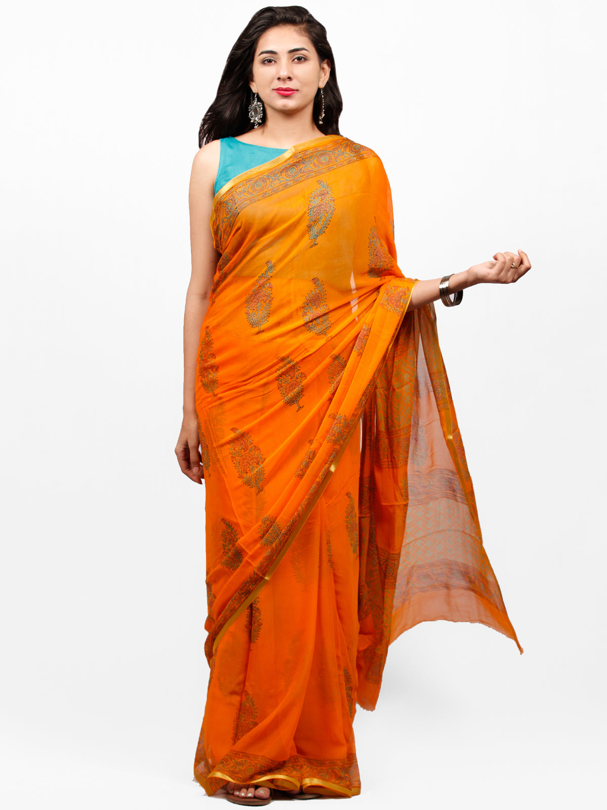 Orange Green Hand Block Printed Chiffon Saree with Zari Border - S031703279