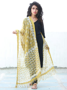 Yellow White Cotton Silk Hand Block Printed Dupatta - D04170496