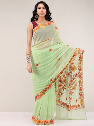 Green Aari Embroidered Georgette Saree From Kashmir - S031704669