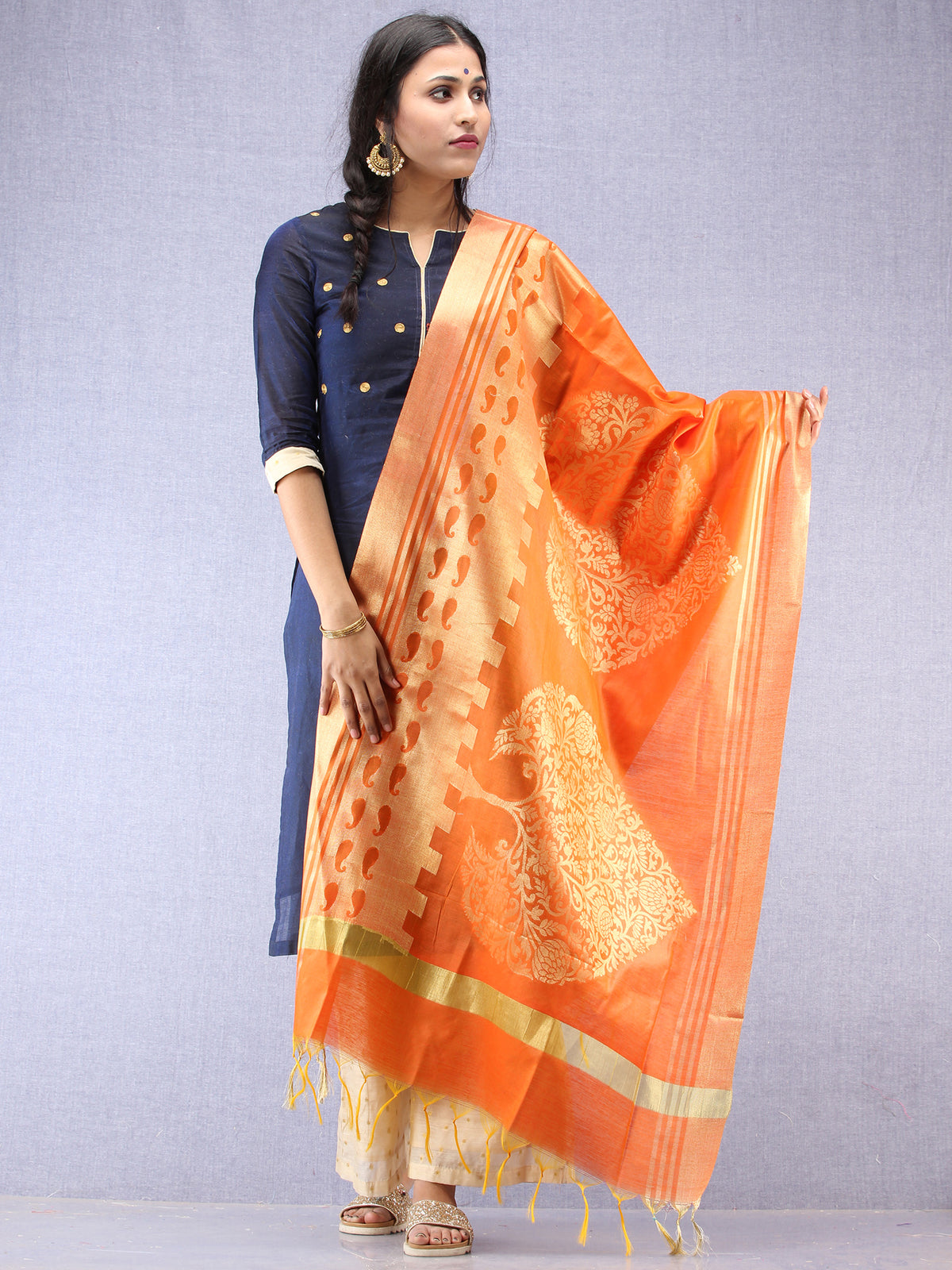 Banarasi Chanderi Dupatta With Resham Work - Orange & Gold - D04170837