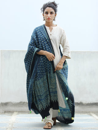 Indigo Maroon Black Ajrakh Hand Block Printed Modal Silk Dupatta - D04170344