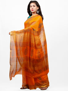 Orange Green Hand Block Printed Chiffon Saree with Zari Border - S031703279