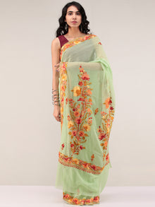 Green Aari Embroidered Georgette Saree From Kashmir - S031704669