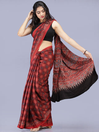 Crimson Red Indigo Ajrakh Hand Block Printed Modal Silk Saree - S031704204