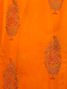 Orange Green Hand Block Printed Chiffon Saree with Zari Border - S031703279
