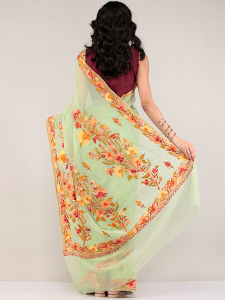 Green Aari Embroidered Georgette Saree From Kashmir - S031704669