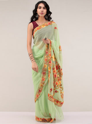 Green Aari Embroidered Georgette Saree From Kashmir - S031704669