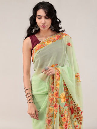 Green Aari Embroidered Georgette Saree From Kashmir - S031704669
