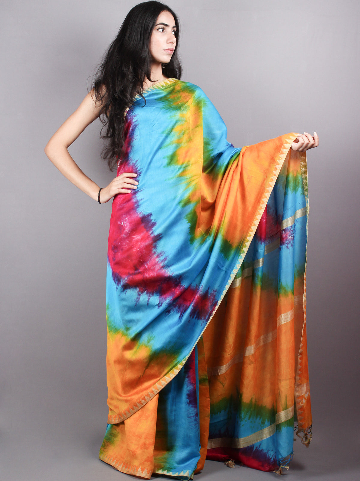 Multicolor Marvel Hand Shibori Dyed in Natural Colors Chanderi Saree with Geecha Border - S03170134
