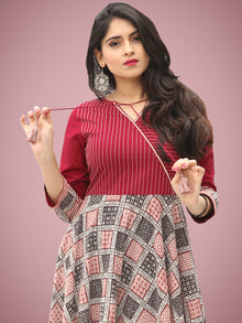 Fiza - Maroon Beige Hand Block Bagh Printed Urave Cut Long Dress - D397F2088
