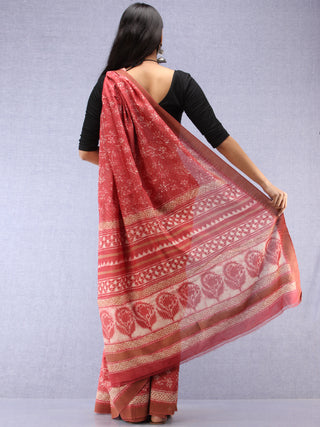 Pink Ivory Hand Block Printed Chanderi Saree With Geecha Border - S031704507