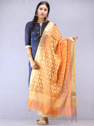 Banarasi Chanderi Dupatta With Zari Work - Yellow & Gold - D04170793
