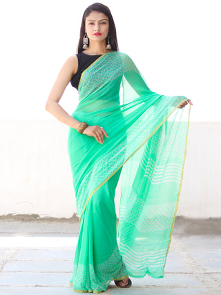 Greeen White Hand Block Printed Chiffon Saree with Zari Border - S031703914