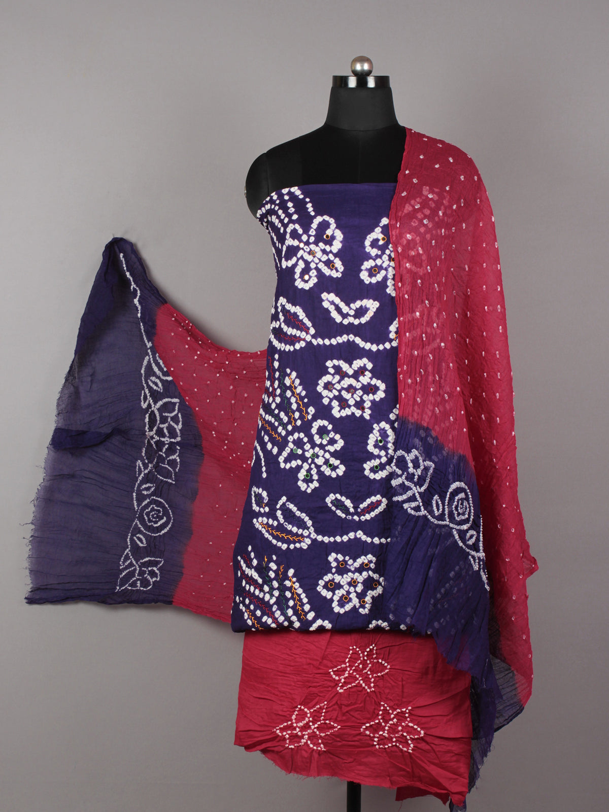 Purple Maroon White Hand Tie & Dye Bandhej Suit Salwar Dupatta (Set of 3) With Hand Embroidery & Mirror Work - S16281244