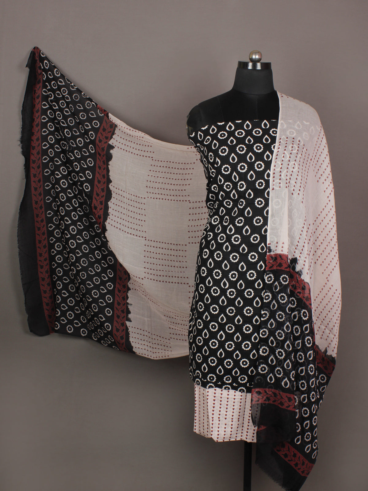 Black White Rust Ivory Hand Block Printed Cotton Suit-Salwar Fabric With Cotton Dupatta - S1628191