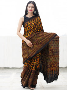Yellow Green Black Maroon Ajrakh Hand Block Printed Modal Silk Saree in Natural Colors - S031703697