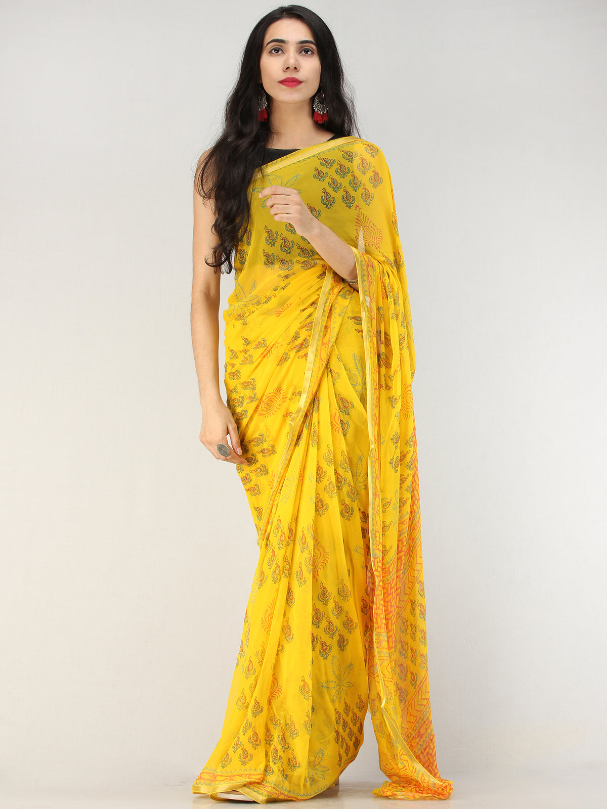 Yellow Green Hand Block Printed Chiffon Saree with Zari Border - S031704556