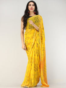 Yellow Green Hand Block Printed Chiffon Saree with Zari Border - S031704556