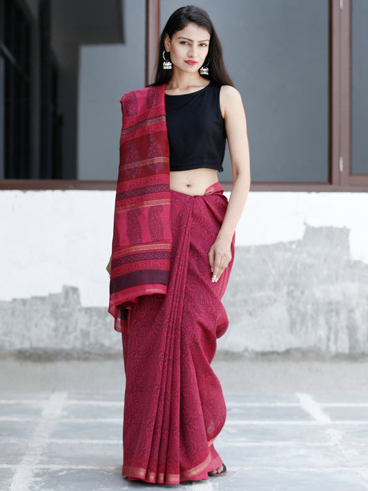 Deep Pink Indigo Bagh Hand Block Printed Maheswari Silk Saree With Resham Border - S031703829