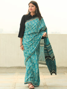 Sea Green Ivory Hand Block Printed  Cotton Mul Saree - S031704101