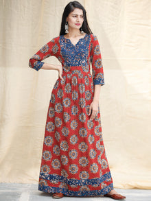 Indigo Red - Hand Block Printed Cotton Long Dress With Pockets  - D339F1825