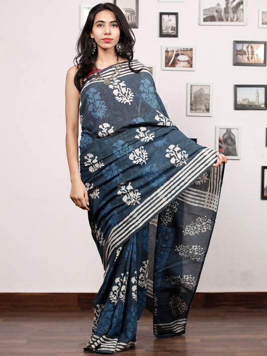 Indigo White Grey Hand Block Printed Cotton Mul Saree - S031703483