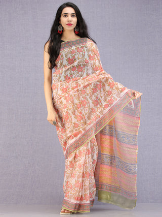 White Coral Green Hand Block Printed Kota Doria Saree - S031704586
