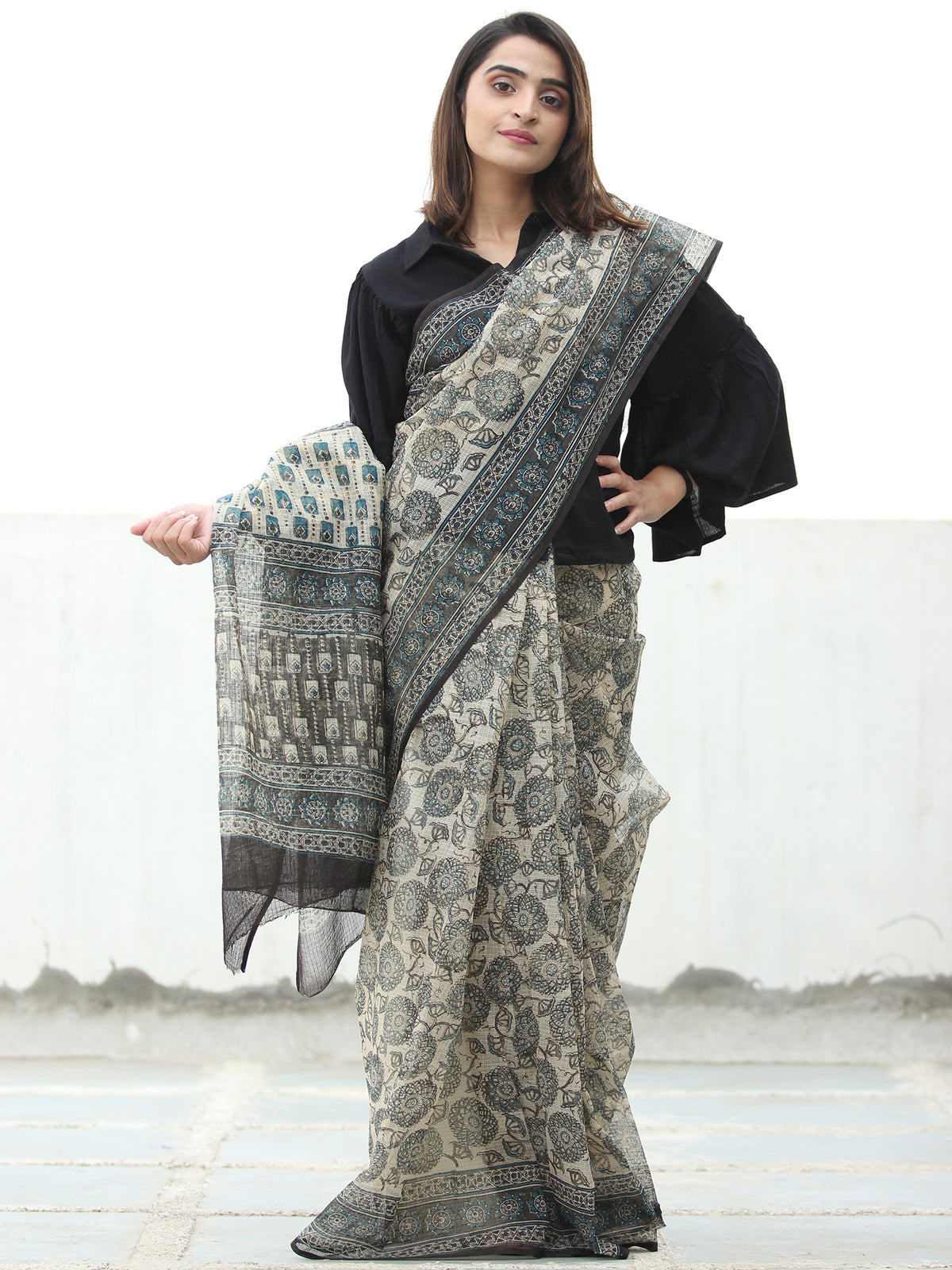 Beige Indigo Black Hand Block Printed Kota Doria Saree  - S031704071