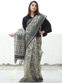 Beige Indigo Black Hand Block Printed Kota Doria Saree  - S031704071
