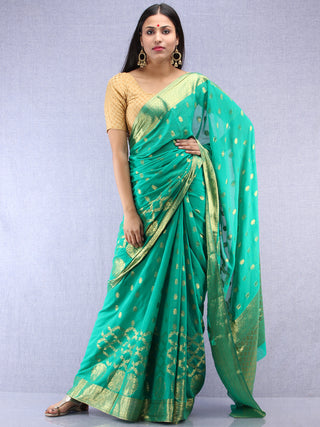 Banarasee Chiffon Saree With Golden Zari Weave - Sea Green & Gold - S031704403