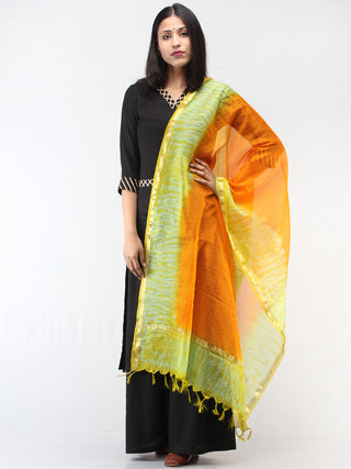 Kota Doria Tie & Die Dupatta  With Zari Border - Parrot Green & Orange - D04170895