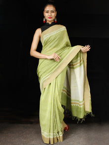 Green Ivory Chanderi Silk Hand Block Printed Saree With Geecha Border - S031703610