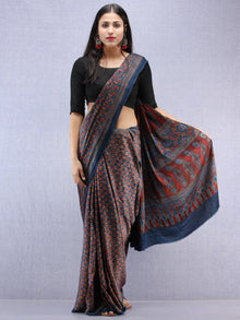 Red Beige Indigo Ajrakh Hand Block Printed Modal Silk Saree - S031704446