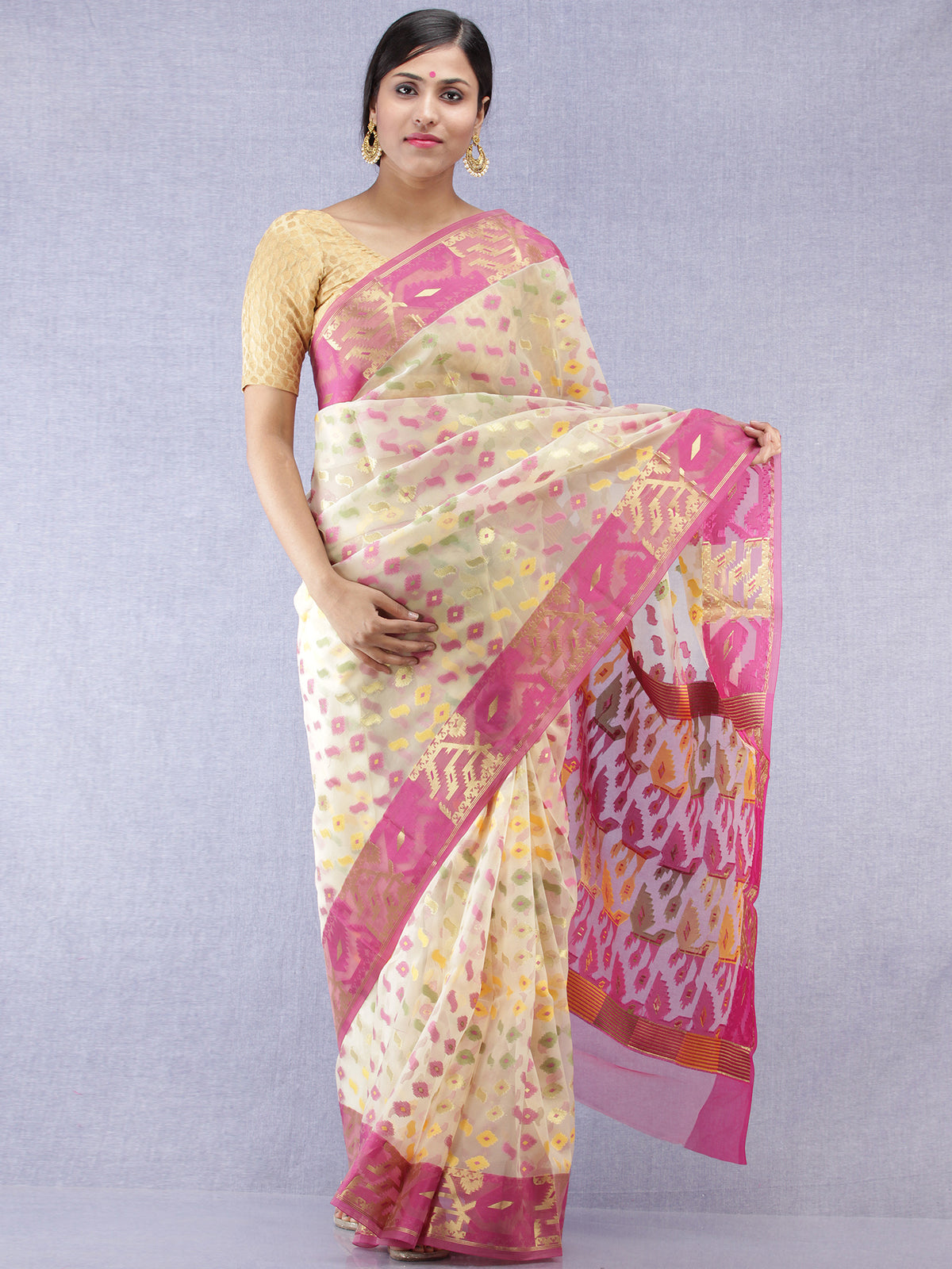 Banarasee Organza Saree With Zari & Resham Work - Ivory Pink & Gold - S031704310